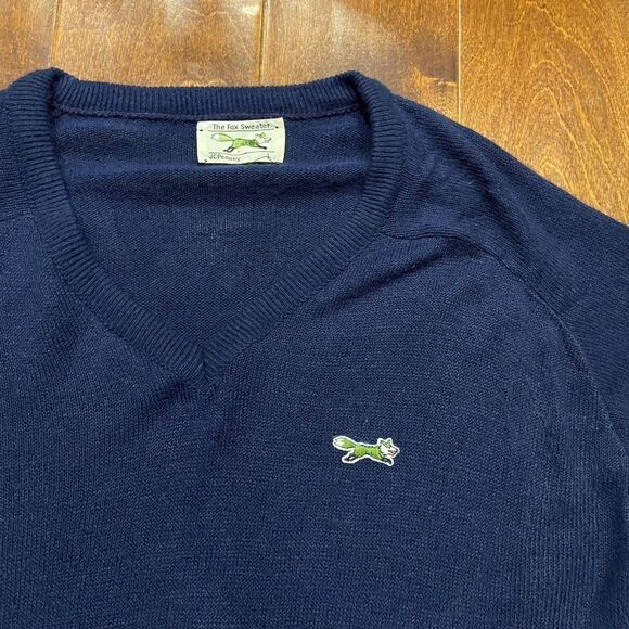 The Fox Sweater Vintage 80s Navy Blue V-Neck Acrylic Sweater Men's Size Large - Picture 2 of 9